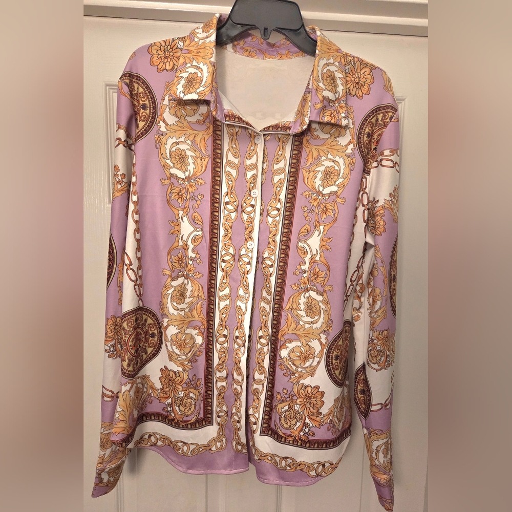 Chic Women's Button Down Shirt in Lavender and Gold